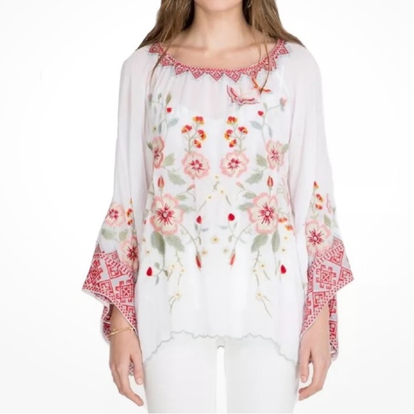 Johnny was Embroidered Floral White Top Size S